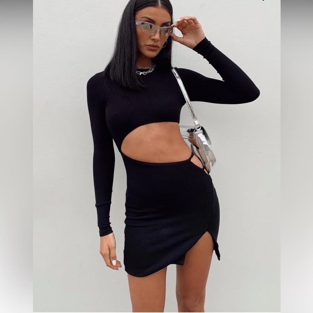 NEW Princess Polly THALIA MINI DRESS BLACK midriff cutout Size 12